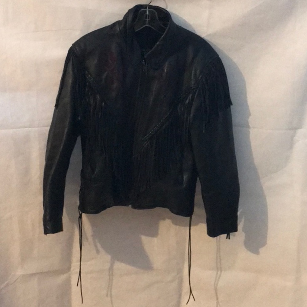 Vintage Women’s Fringe Black Leather Purple Flower Jacket